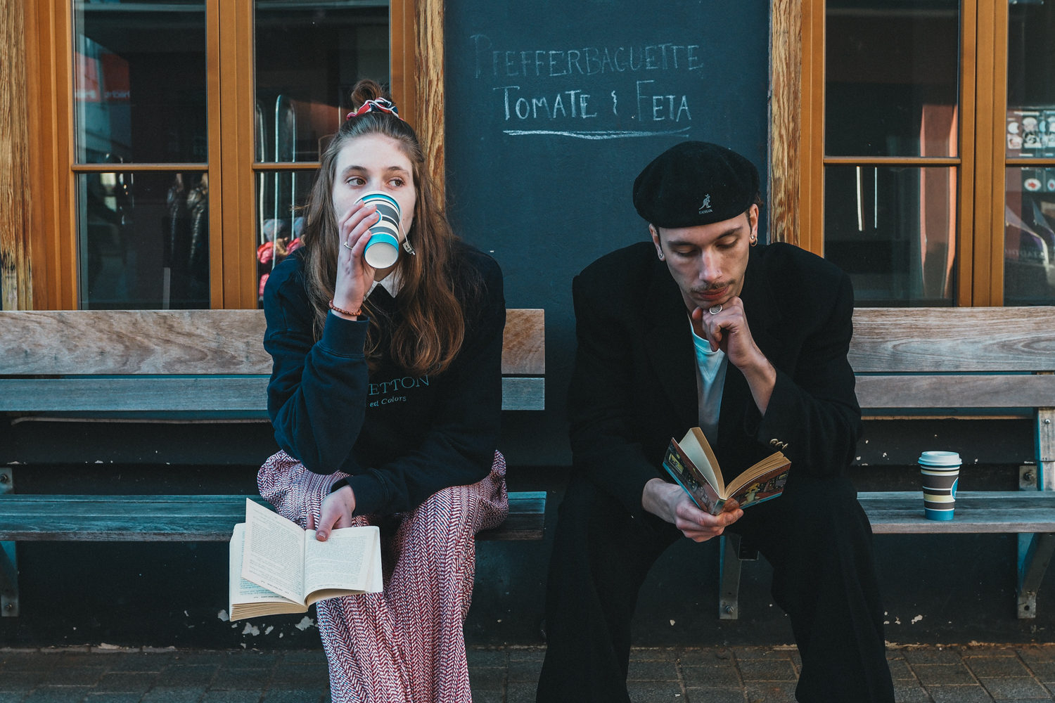 Fashion Storytelling photo woman drinking coffee and man reading