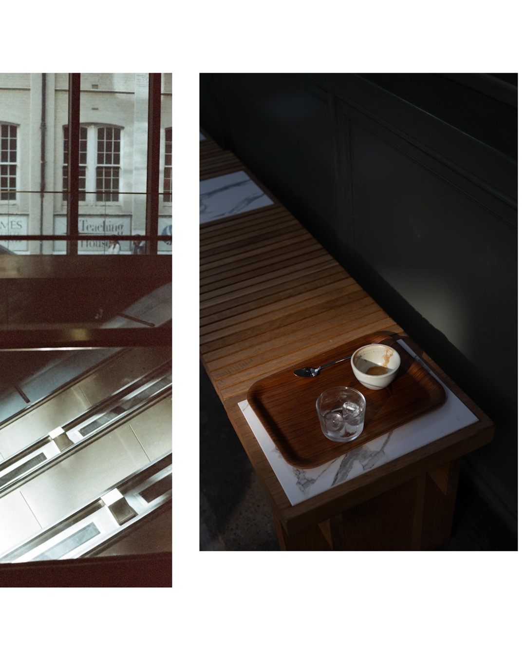 Photo of an everyday story scene in London an empty coffee cup on a bench outside a coffee shop