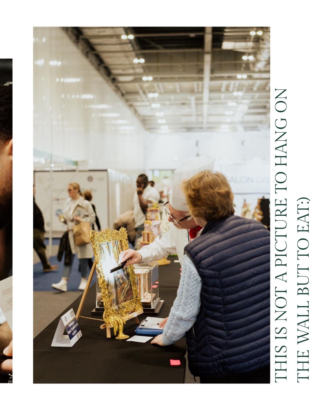 Man examining a cake in the form of a picture at the Excel London