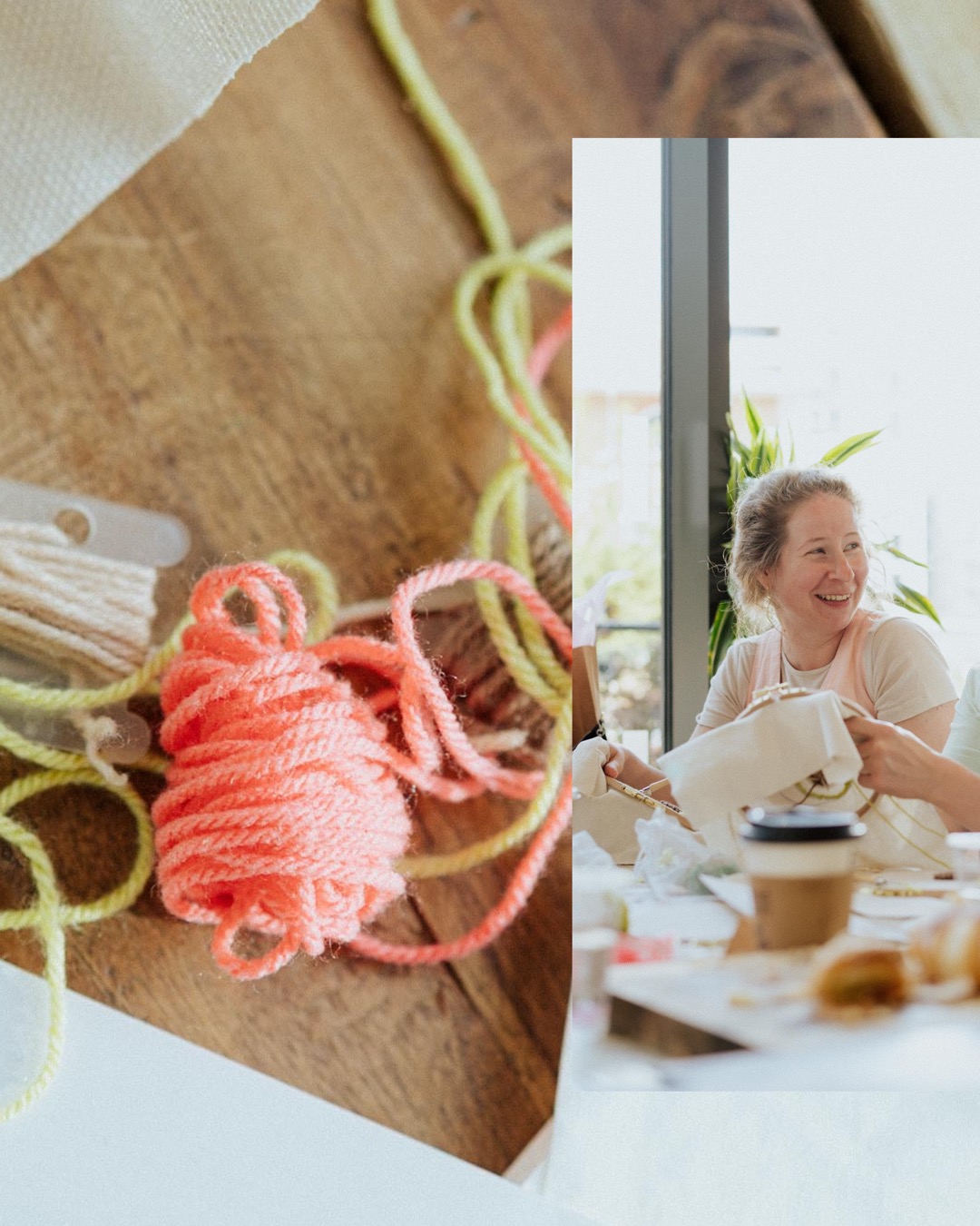 Macro close-up of colorful pastel yarn reels and textured threads arranged on a natural wooden table.