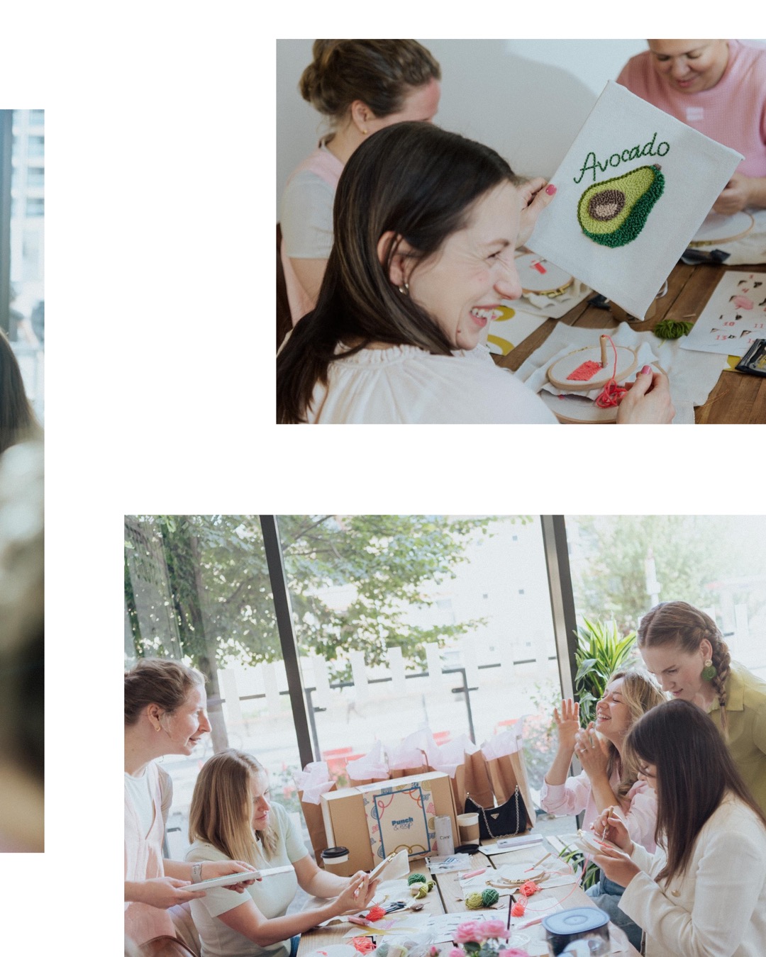 A group of women dressed in soft pastel clothing sitting around a cafe table, laughing and crafting together.