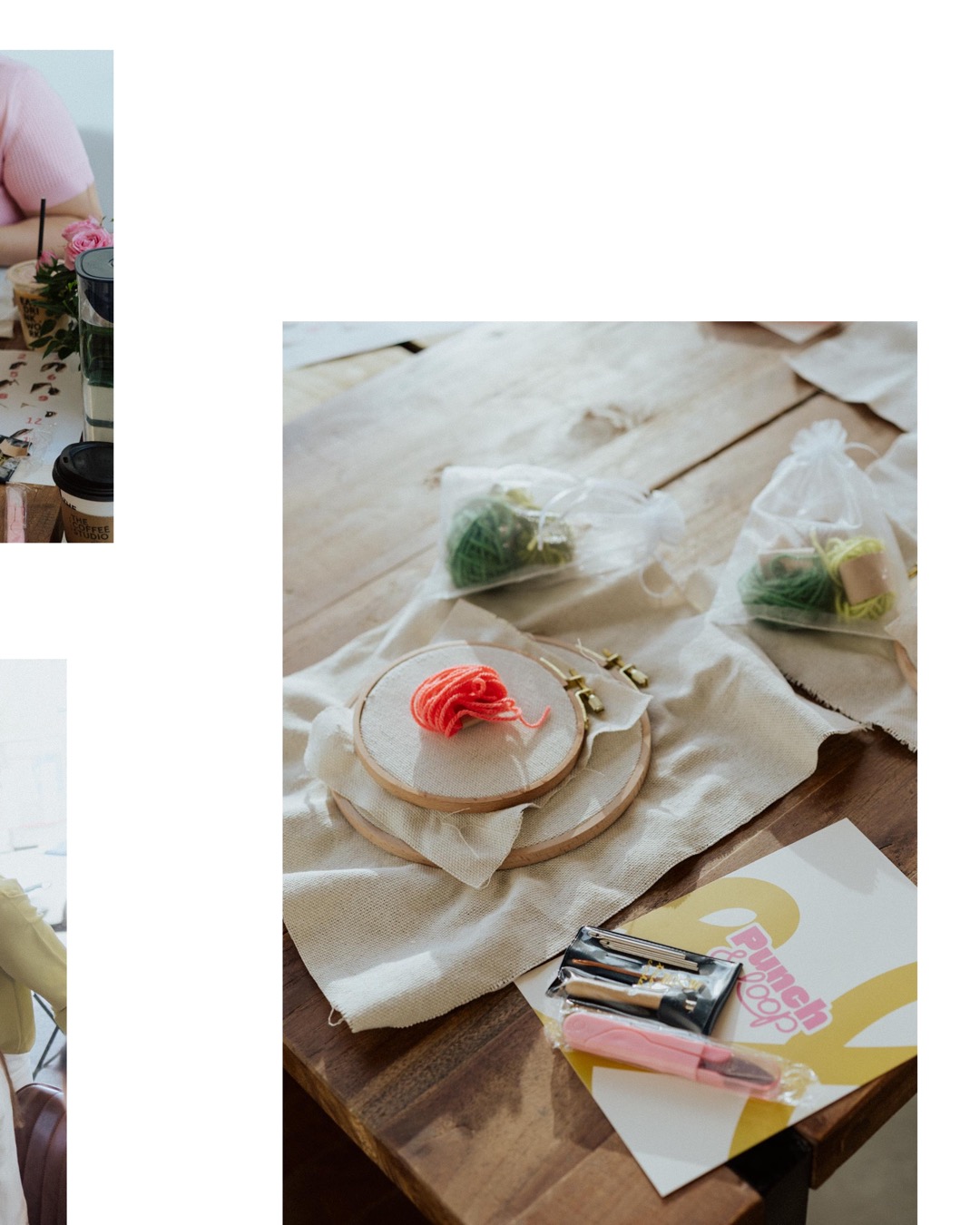 Close-up of a person's hands holding a wooden punch needle tool, threading yarn through stretched cloth on an embroidery hoop.