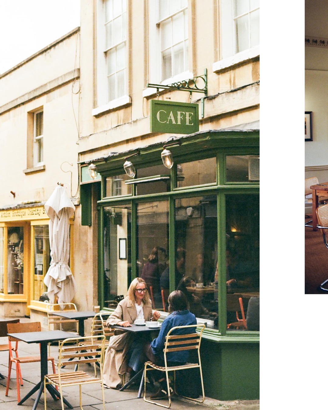 Two women sitting at an outdoor table in front of a green cafe storefront in Bath