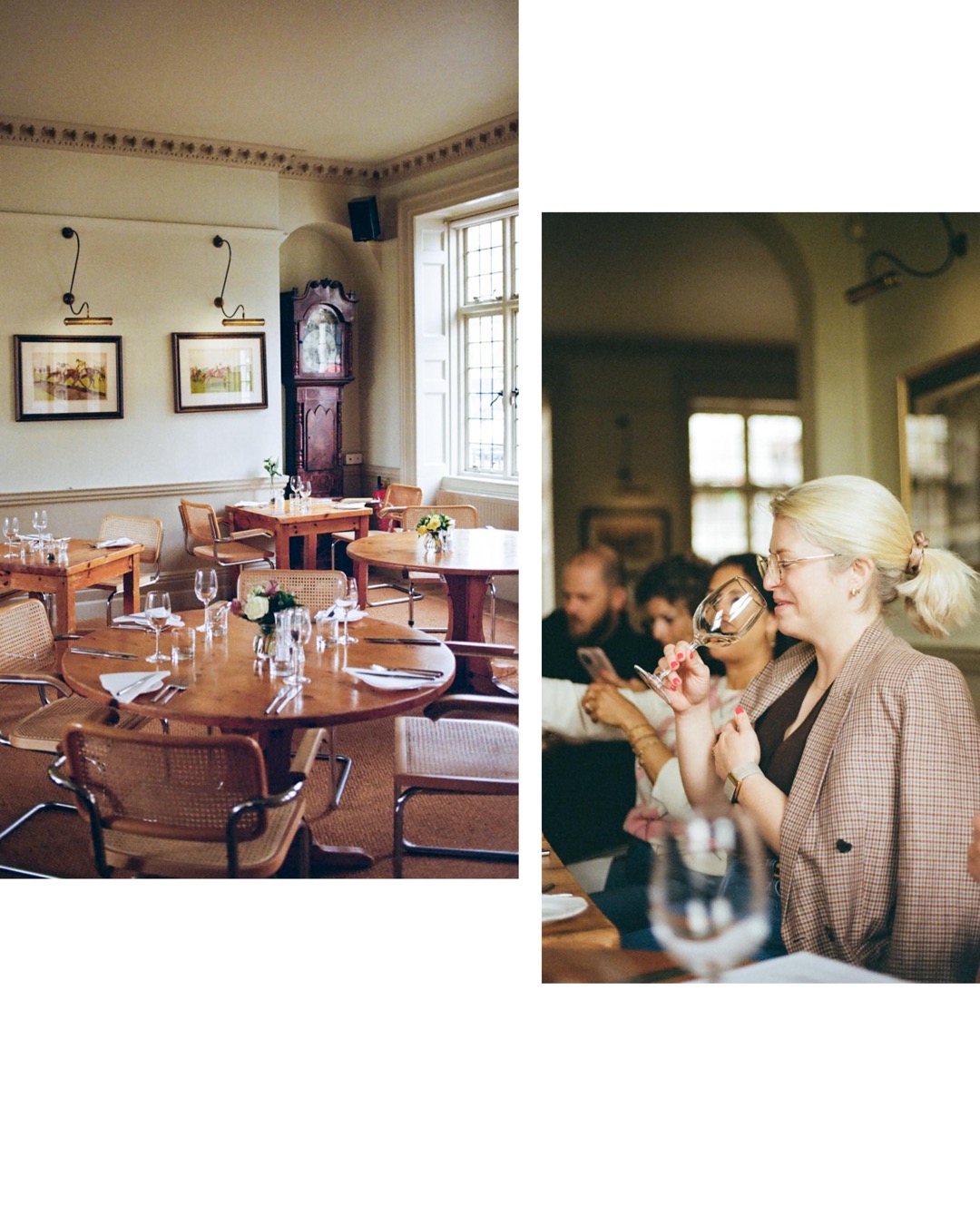 Dining room interior with round wooden tables alongside a woman enjoying her wine at Woods Restaurant