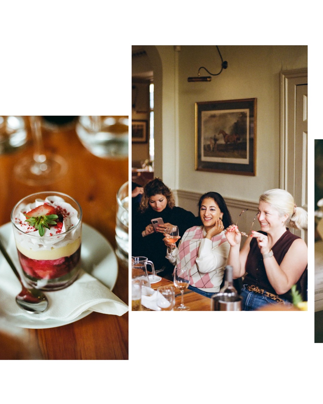 Layered berry dessert in a glass next to women laughing at Woods restaurant dinner table
