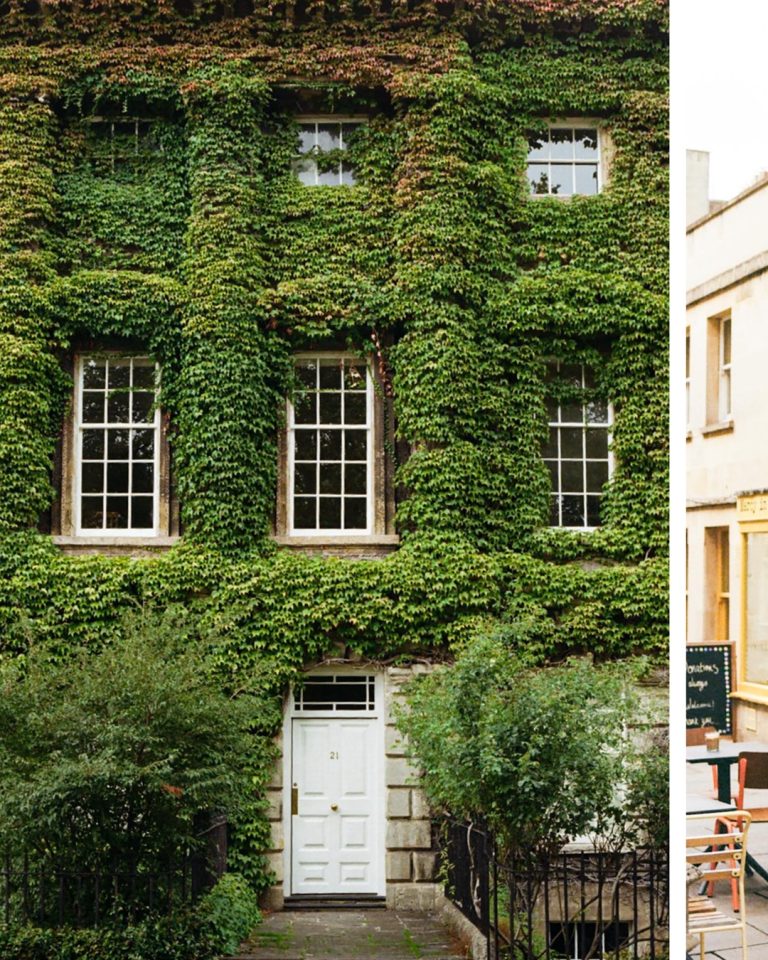 Ivy-covered Georgian townhouse facade with a white front door in Bath, UK