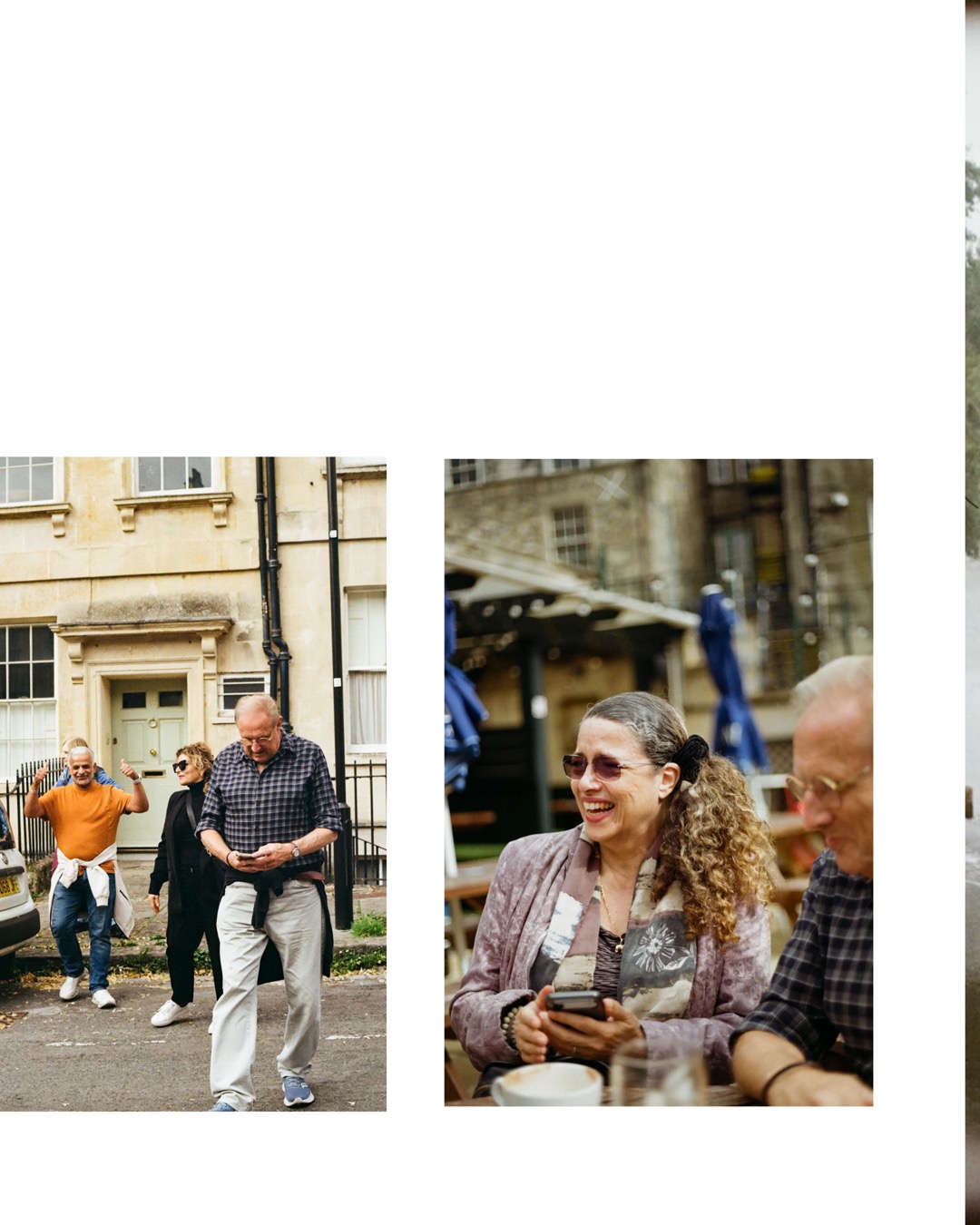 Friends walking down a Bath street and a smiling woman sitting at an outdoor café table