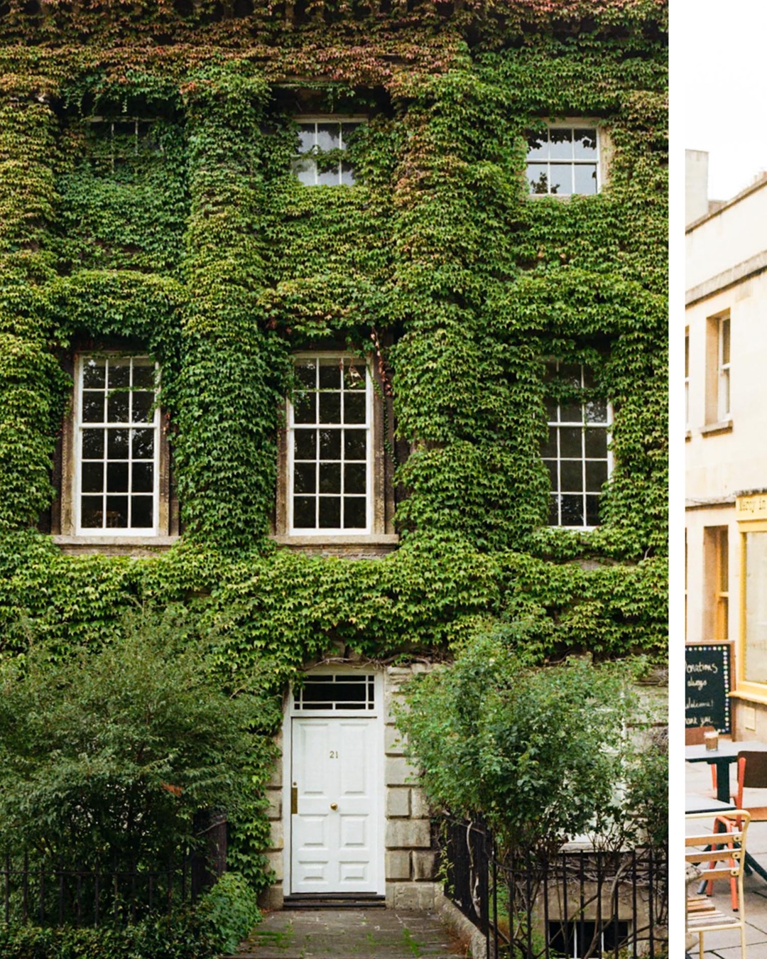 Ivy-covered Georgian townhouse facade with a white front door in Bath, UK